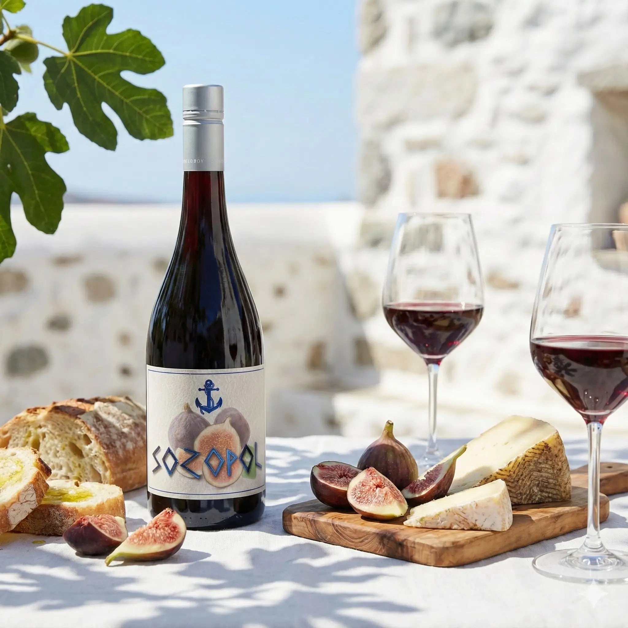 Bottle of Sozopol wine with two glasses and a platter of figs, bread, and cheese on a stone surface.